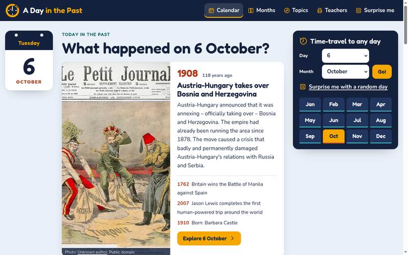 Screenshot of the A Day in the Past homepage
