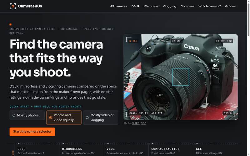 Screenshot of the CamerasRUs homepage