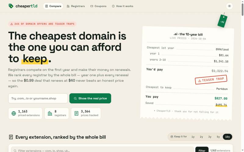 Homepage of cheapertld.com