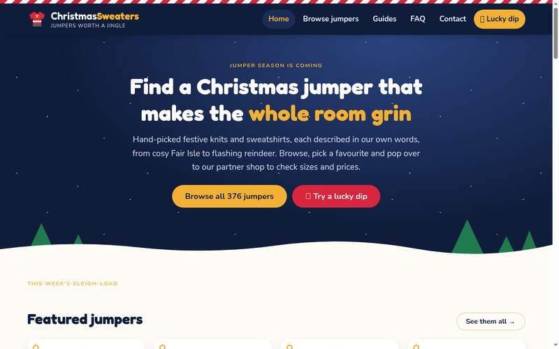 Screenshot of the Christmas Sweaters homepage