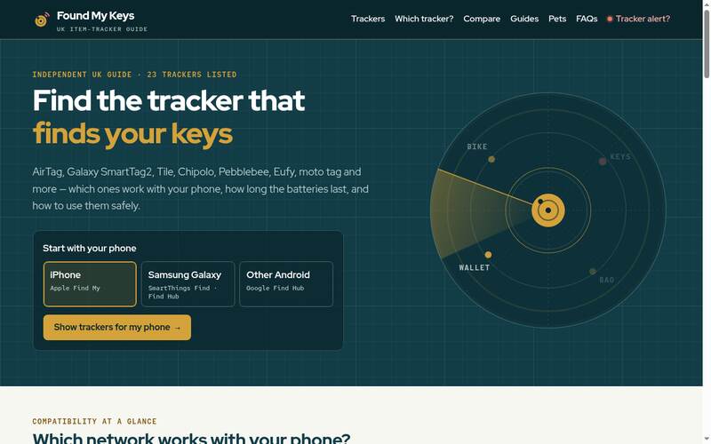 Screenshot of the Found My Keys homepage