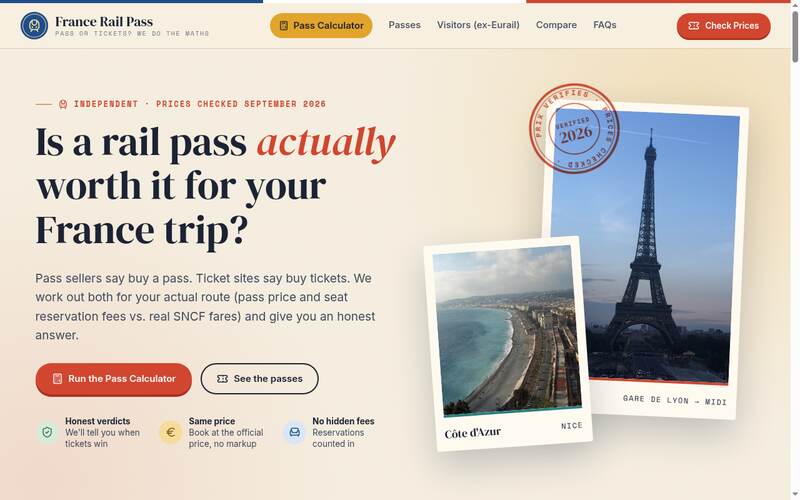Screenshot of the France Rail Pass homepage