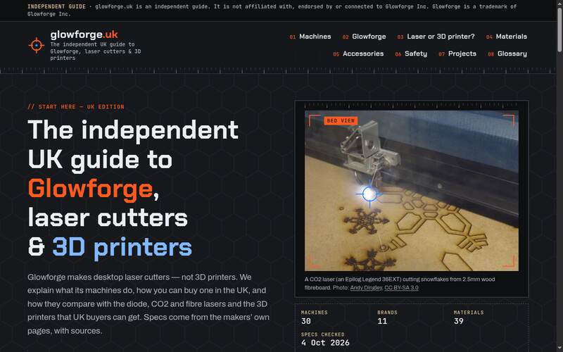 Screenshot of the glowforge.uk homepage