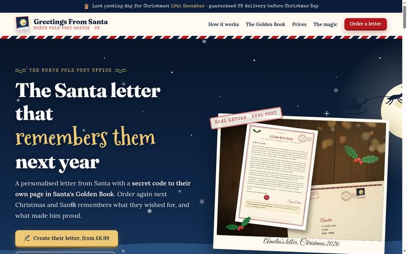 Screenshot of the Greetings From Santa homepage