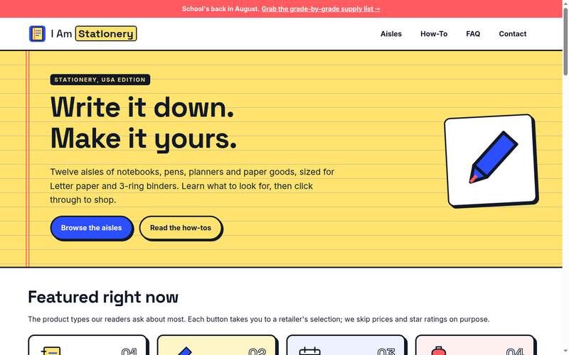 Screenshot of the I Am Stationery homepage