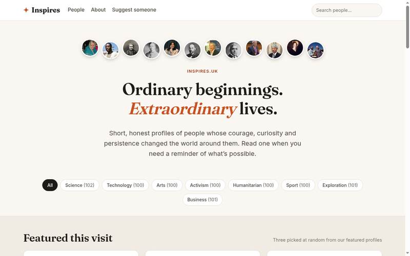 Screenshot of the Inspires homepage