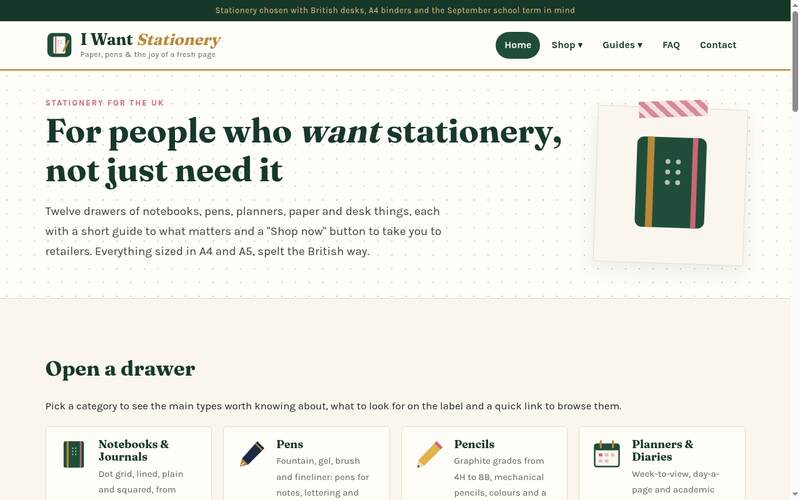 Screenshot of the I Want Stationery homepage