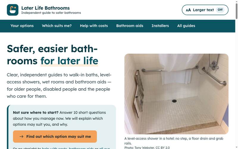 Screenshot of the Later Life Bathrooms homepage