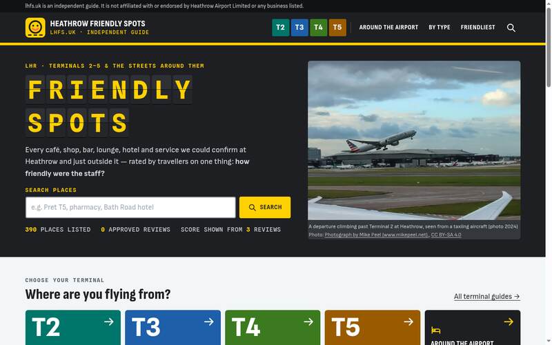 Screenshot of the London Heathrow Friendly Spots homepage