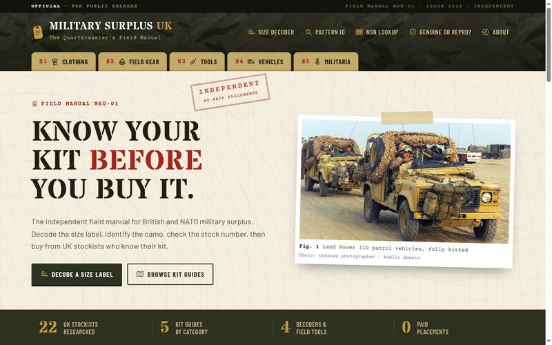 Screenshot of the Military Surplus UK homepage