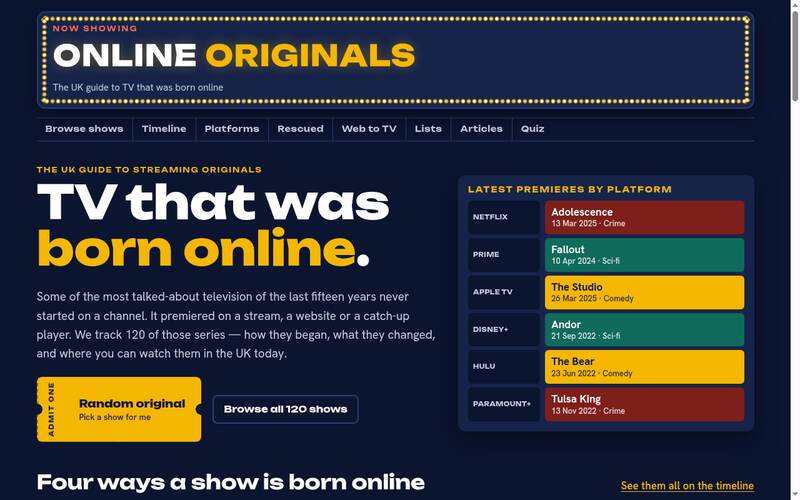 Screenshot of the Online Originals homepage
