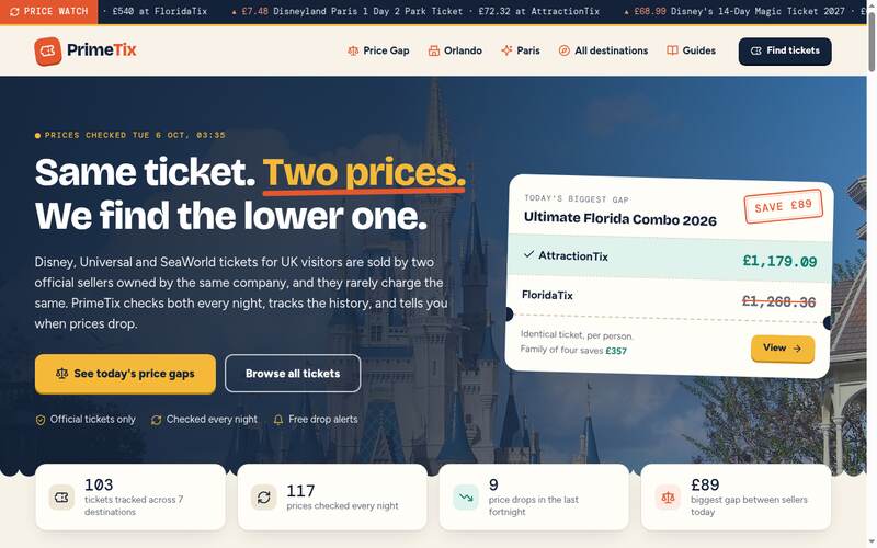 Screenshot of the PrimeTix homepage