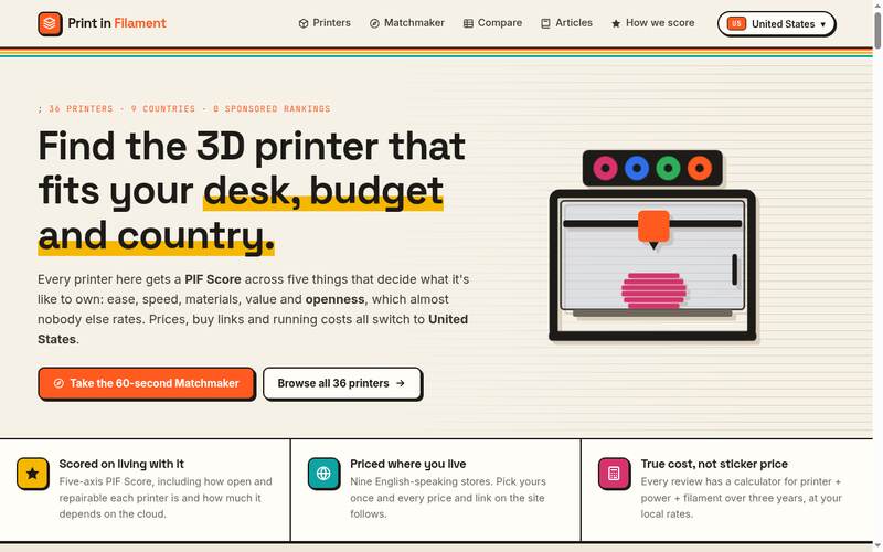 Screenshot of the Print in Filament homepage