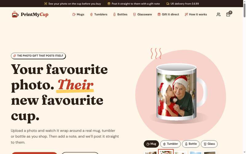 Screenshot of the PrintMyCup homepage