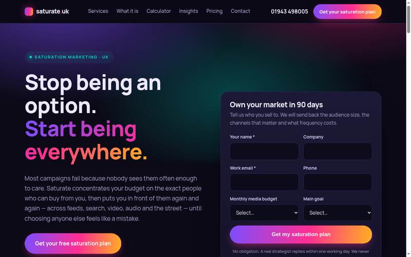 Screenshot of the Saturate homepage