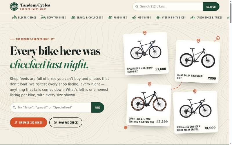 Screenshot of the Tandem Cycles homepage