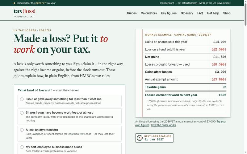 Screenshot of the taxloss.co.uk homepage