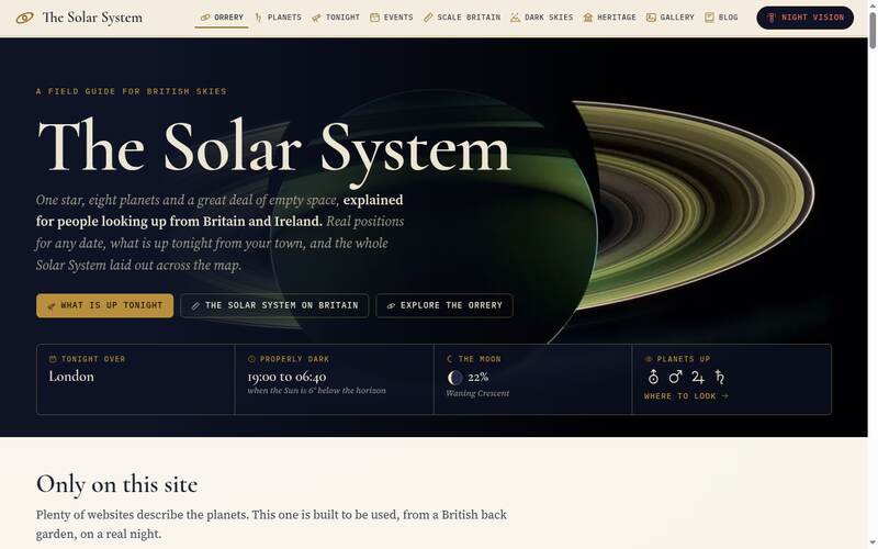 Screenshot of the The Solar System homepage