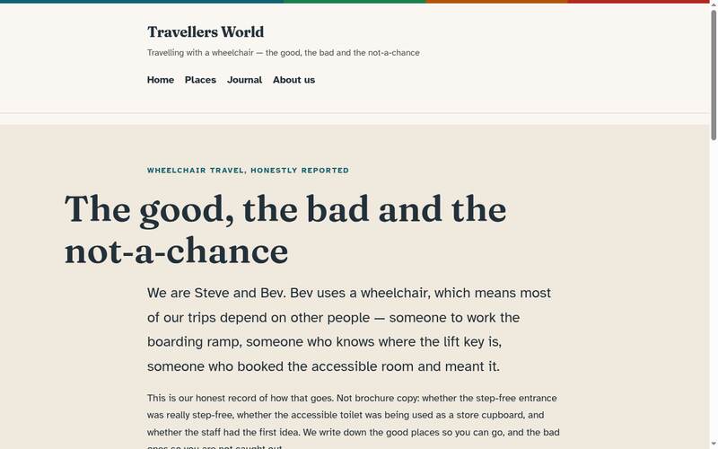 Screenshot of the Travellers World homepage