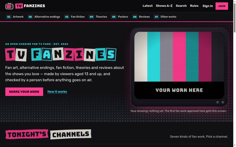 Screenshot of the TV Fanzines homepage