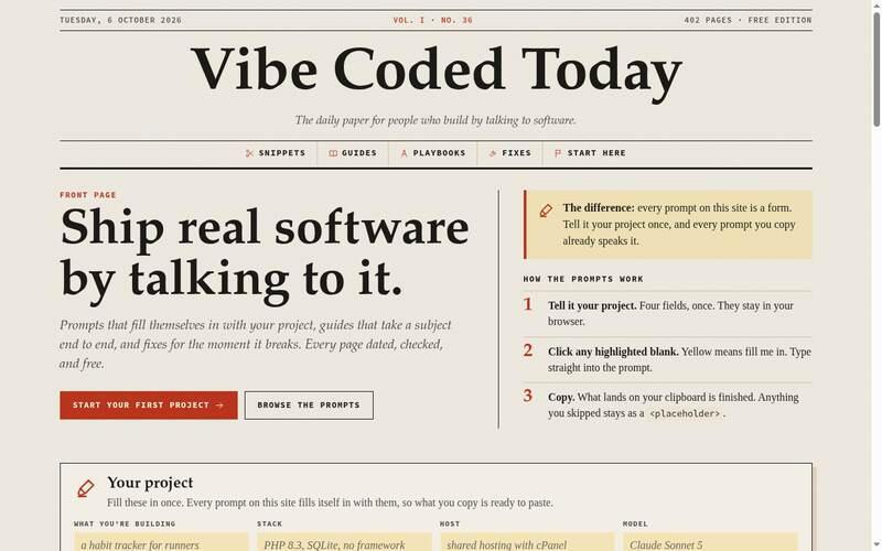 Screenshot of the Vibe Coded Today homepage